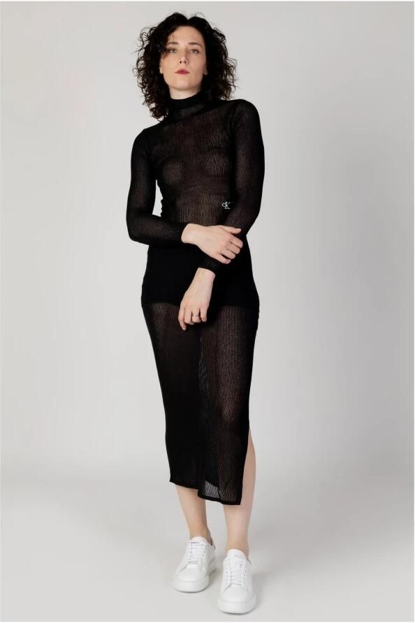 Calvin Klein Jeans Zwarte Transparante Jurk met Hoge Hals en Zijdelingse Split Black Dames