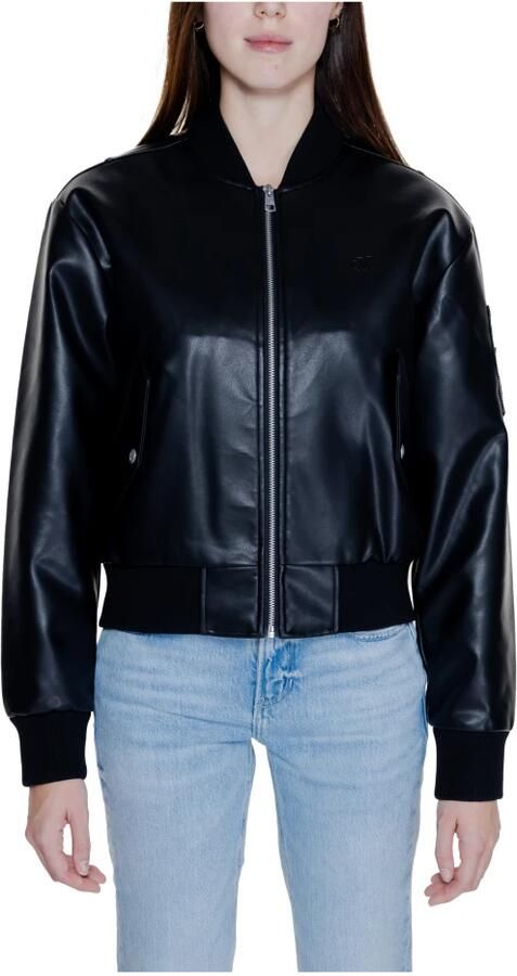 Calvin Klein Jeans Zwarte Leren Bomberjack Monogram Logo Black Dames - Foto 13