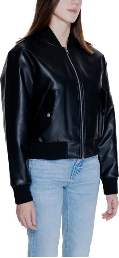 Calvin Klein Jeans Zwarte Leren Bomberjack Monogram Logo Black Dames - Foto 11