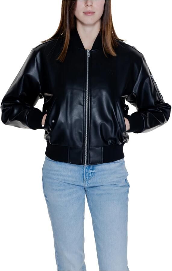 Calvin Klein Jeans Zwarte Leren Bomberjack Monogram Logo Black Dames - Foto 7