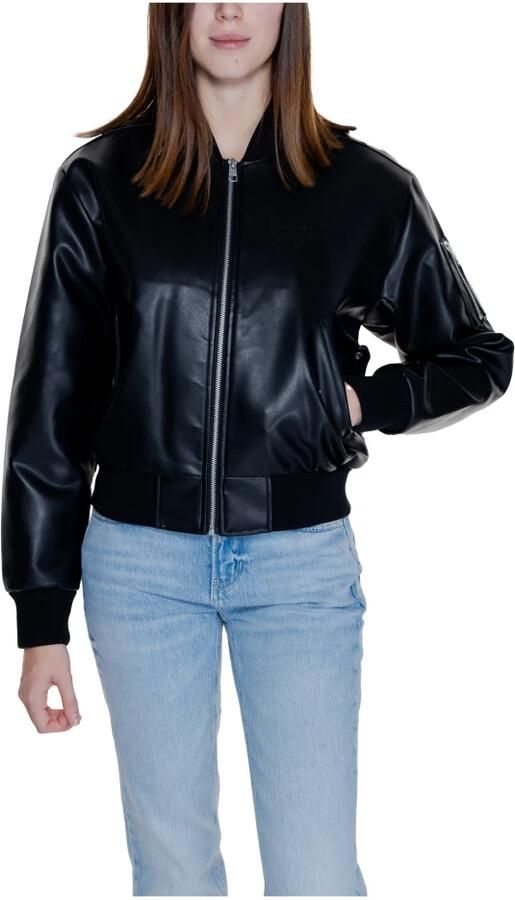 Calvin Klein Jeans Zwarte Leren Bomberjack Monogram Logo Black Dames - Foto 9