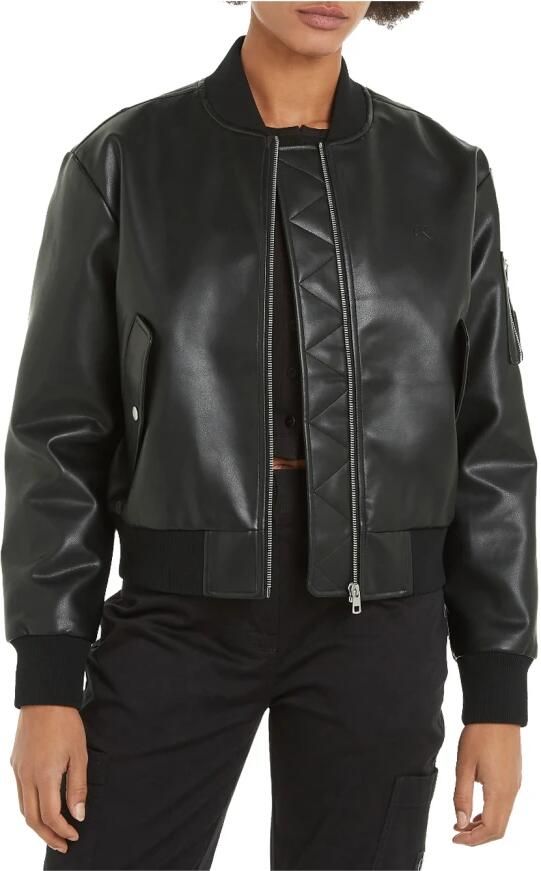 Calvin Klein Jeans Zwarte Leren Bomberjack Monogram Logo Black Dames - Foto 8