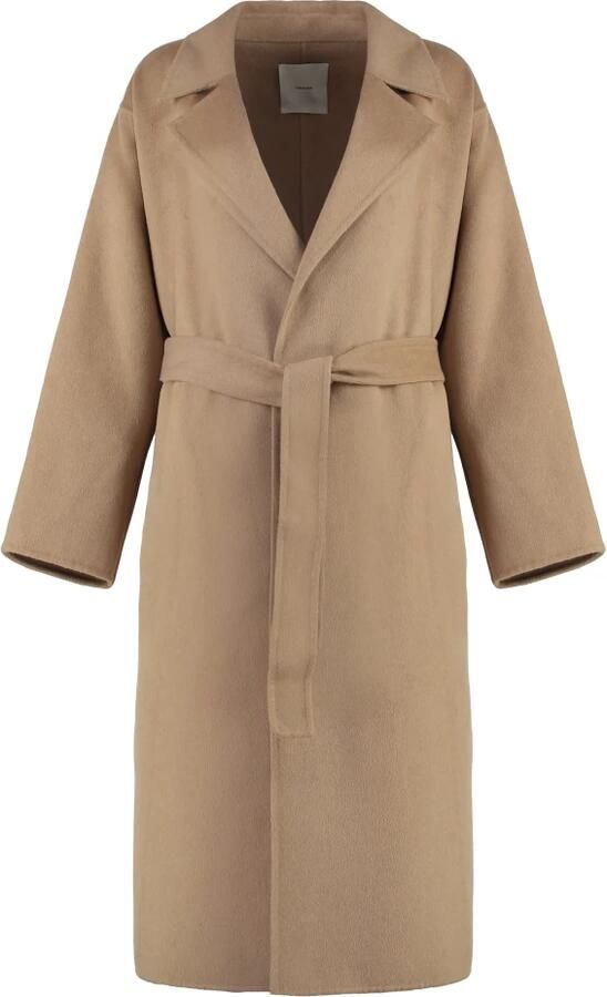 Calvin Klein Lange Wollen Jas Revers Riem Beige Dames
