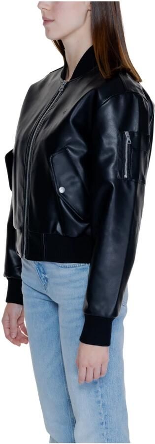 Calvin Klein Jeans Zwarte Leren Bomberjack Monogram Logo Black Dames - Foto 12