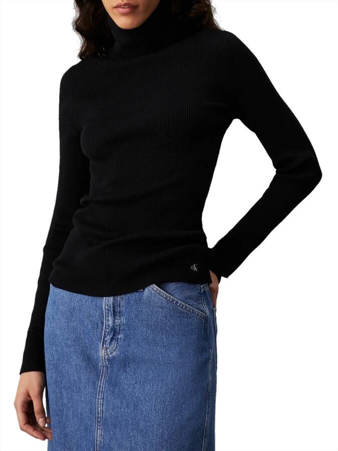 CALVIN KLEIN Dames Truien & Vesten Woven Label Roll Neck Sweater Zwart - Foto 4