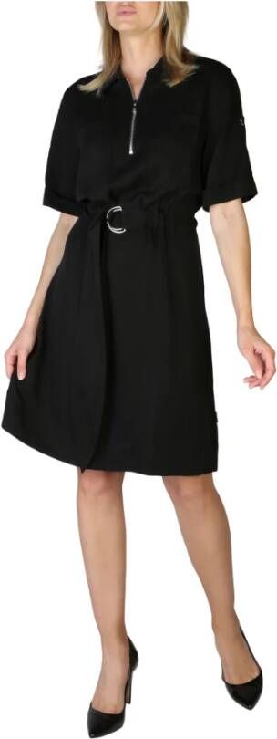 Calvin Klein Dames effen kleur jurk met riem en halve rits Black Dames