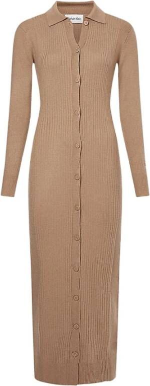 Calvin Klein Lyocell en Wol Ribgebreide Jurk Beige Dames