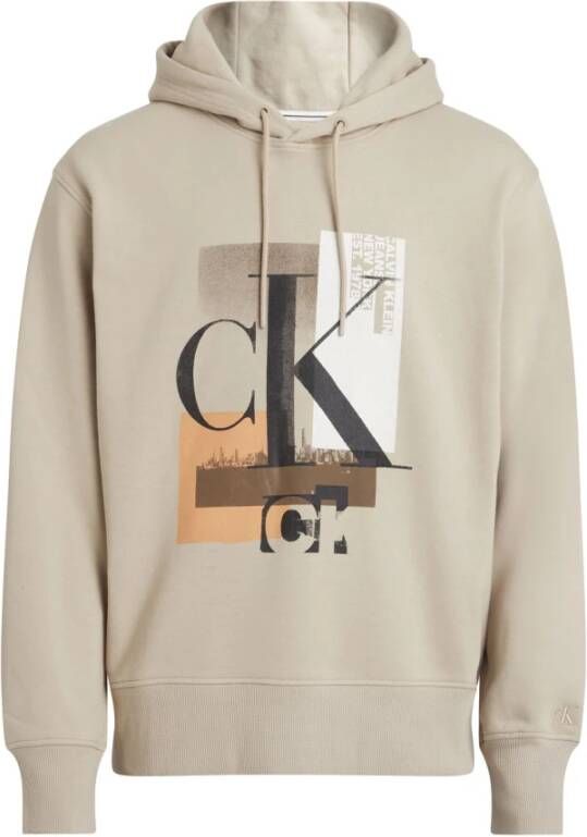 Calvin Klein Jeans Beige Katoenen Sweatshirt met Capuchon en Logo Print Beige Heren
