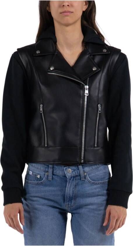Calvin Klein Jeans Zwarte imitatieleren jas met capuchon en sweatshirtmouwen Black Dames