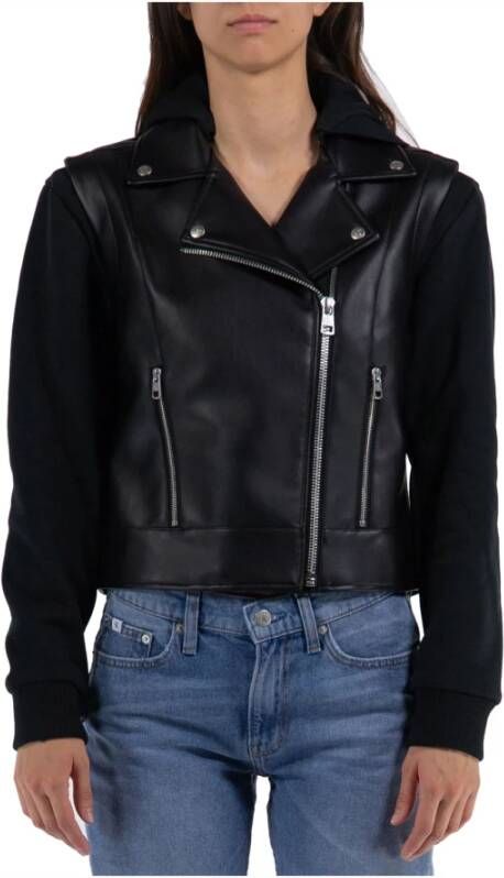 Calvin Klein Jeans Zwarte imitatieleren jas met capuchon en sweatshirtmouwen Zwart Dames