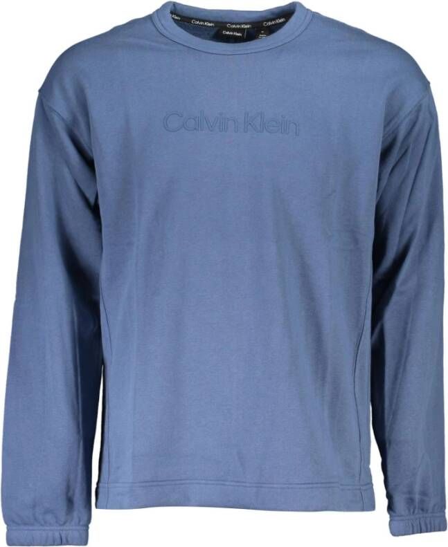 Calvin Klein Blauwe Katoenen Trui Lange Mouwen Ronde Hals Geborsteld Print Logo Blauw Heren