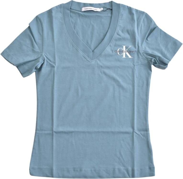Calvin Klein Basis Katoenen T-Shirt Dames Rechte Pasvorm V-Hals Korte Mouwen Blue Dames