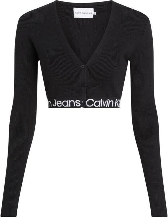 Calvin Klein Zwarte Geribbelde Logo Intarsia Cardigan Black Dames
