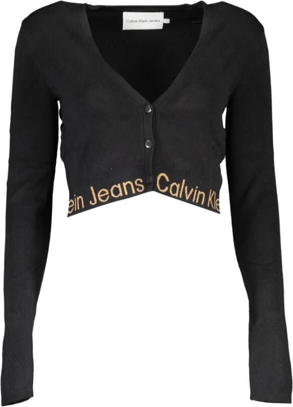 Calvin Klein Zwarte Lyocell Sweater met V-Hals en Knopen Zwart Dames
