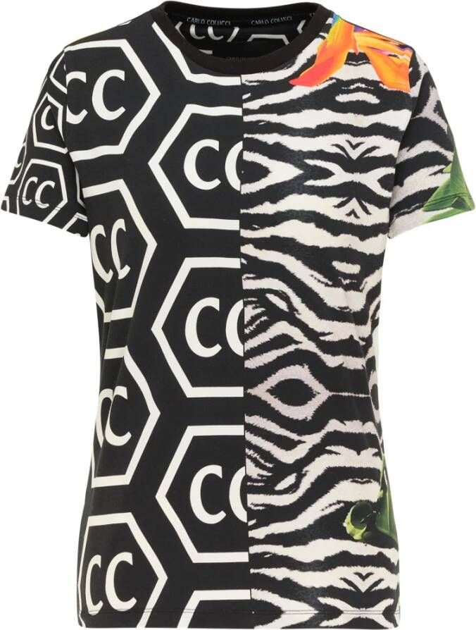 Carlo colucci Veelzijdig Damen T-Shirt met Tropische Artworks Black Dames