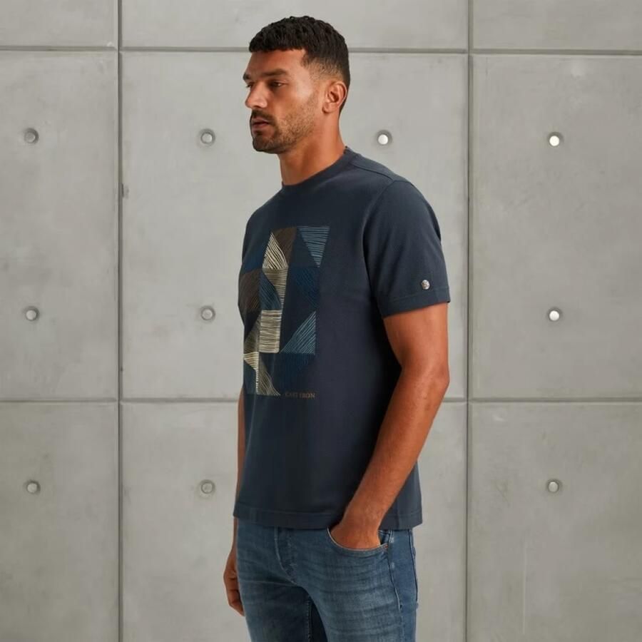 Cast Iron Moderne Kleurblok Tee Regular Fit Blue Heren