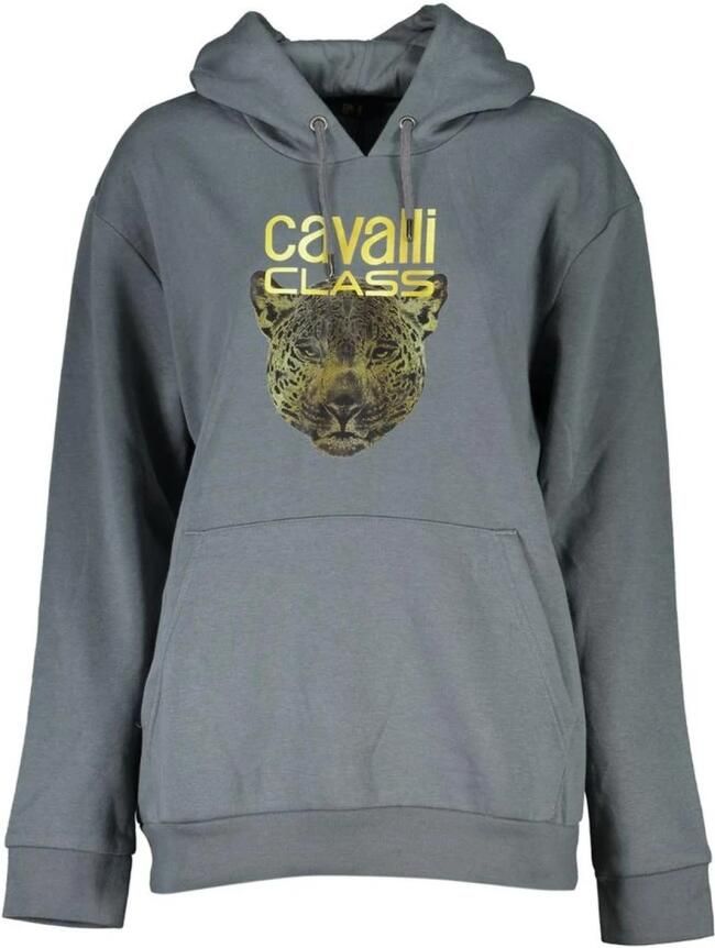 Cavalli Class Grijs fleece sweatshirt met capuchon en print Gray Dames