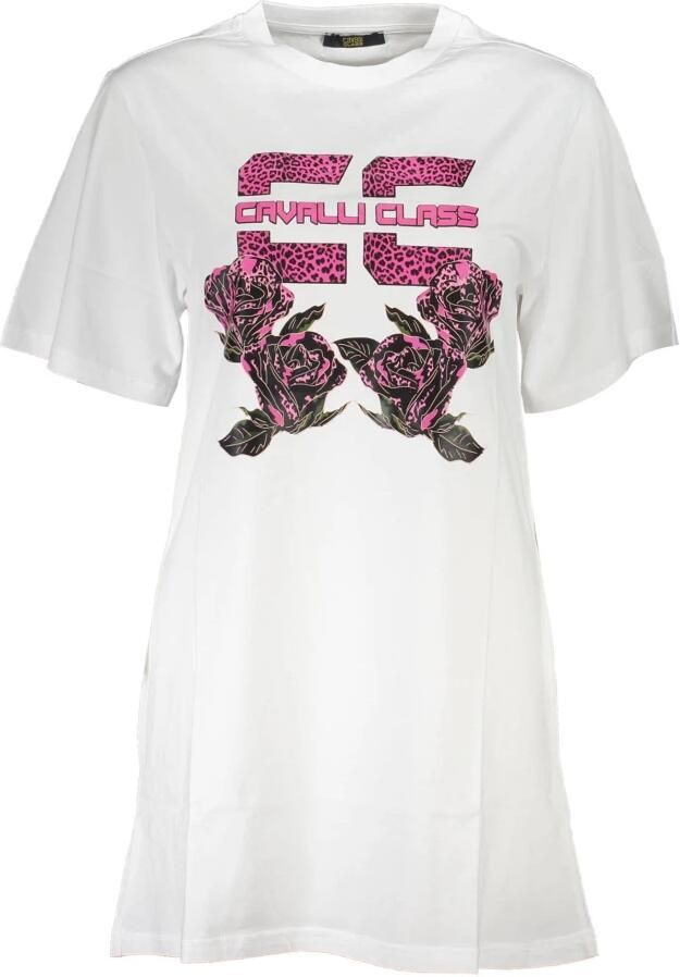 Cavalli Class Elegante witte katoenen dagjurk met print White Dames