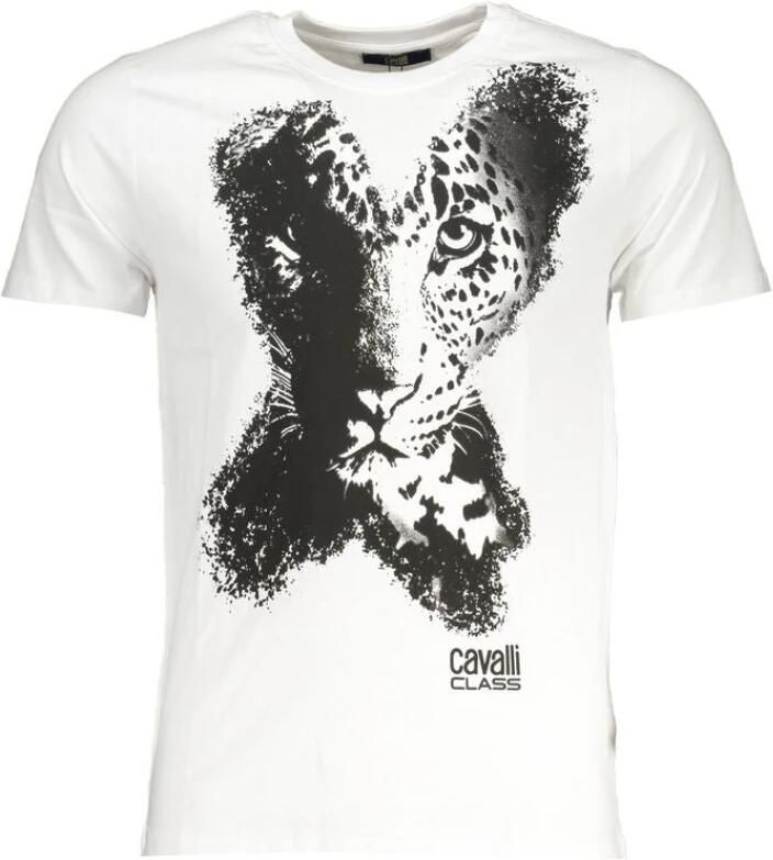 Cavalli Class Wit Katoenen Bedrukt Logo T-Shirt White Heren