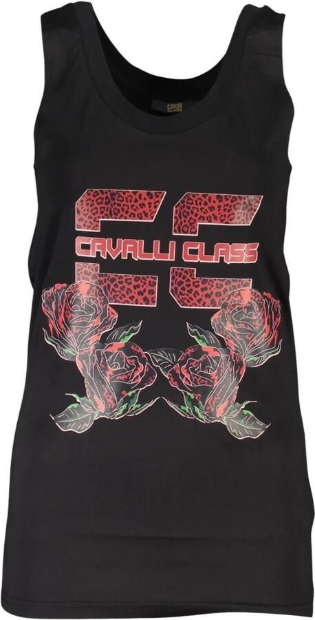 Cavalli Class Dames Tanktop Zwart Brede Schouder Ronde Hals Print Logo Black Dames