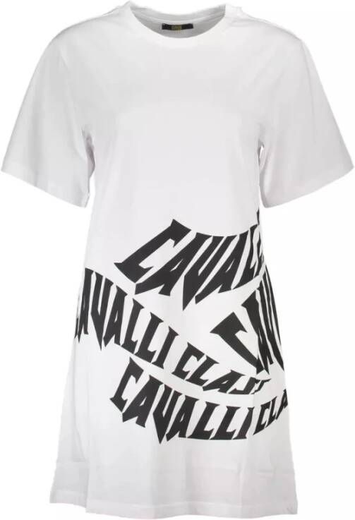 Cavalli Class Elegante witte katoenen jurk met ontwerpprint White Dames