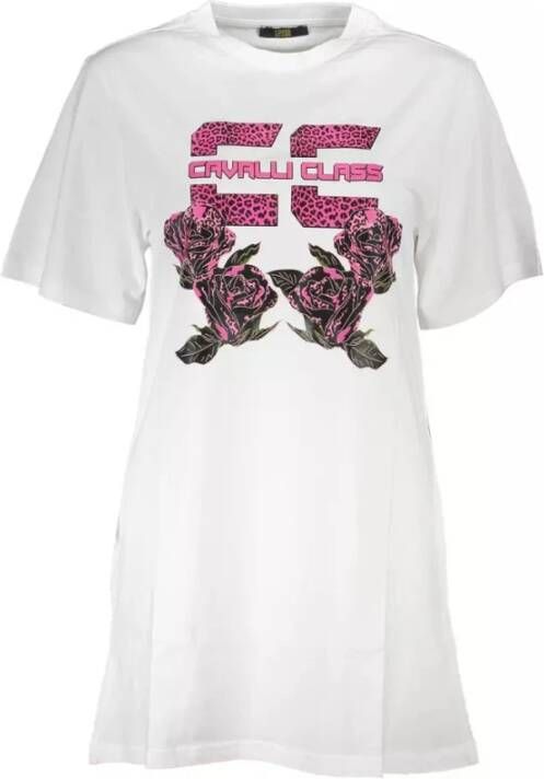 Cavalli Class Elegante witte katoenen dagjurk met print White Dames