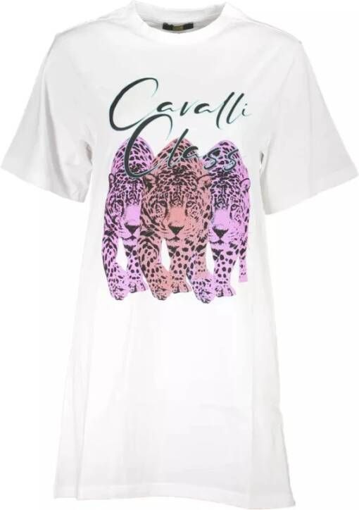 Cavalli Class Chique witte katoenen jurk met iconische print White Dames