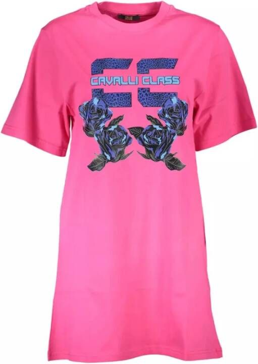 Cavalli Class Roze Katoenen Jurk Korte Mouwen Ronde Halslijn Print Pink Dames