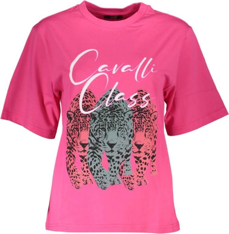Cavalli Class Elegante Slim Fit Roze Tee met Stijlvolle Print Pink Dames