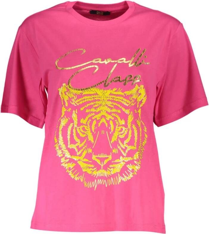Cavalli Class Elegant Roze Katoenen T-shirt met Handtekeningprint Pink Dames
