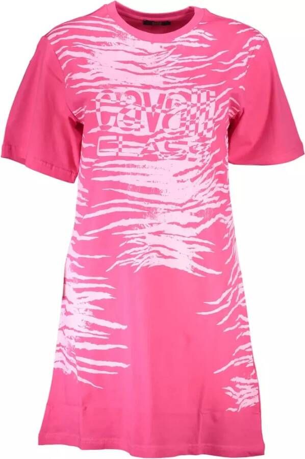 Cavalli Class Elegant Roze Print Jurk Korte Mouwen Pink Dames