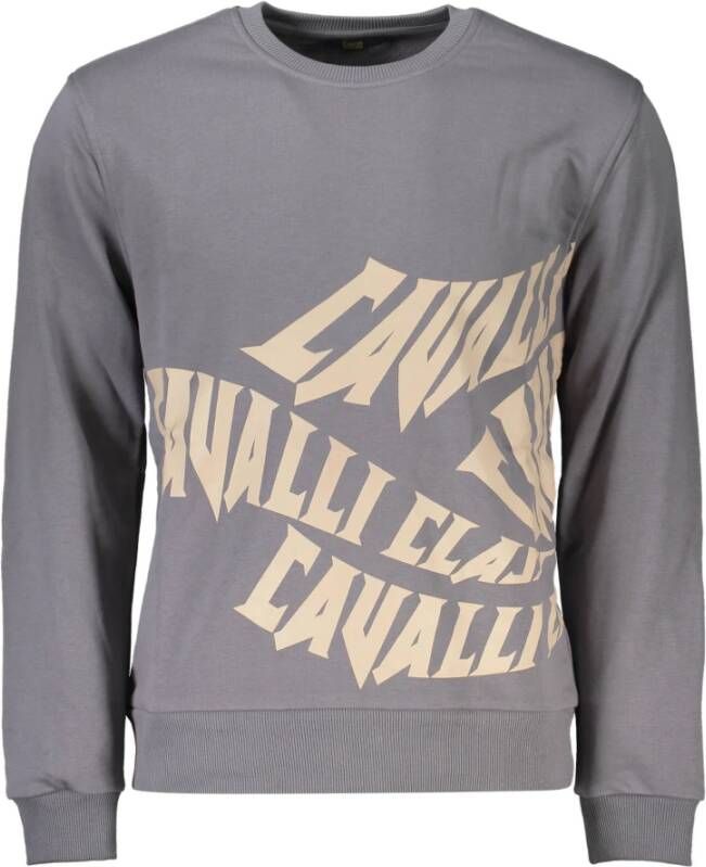 Cavalli Class Grijze Katoenen Trui Lange Mouwen Regular Fit Geborsteld Ronde Hals Print Logo Gray Heren