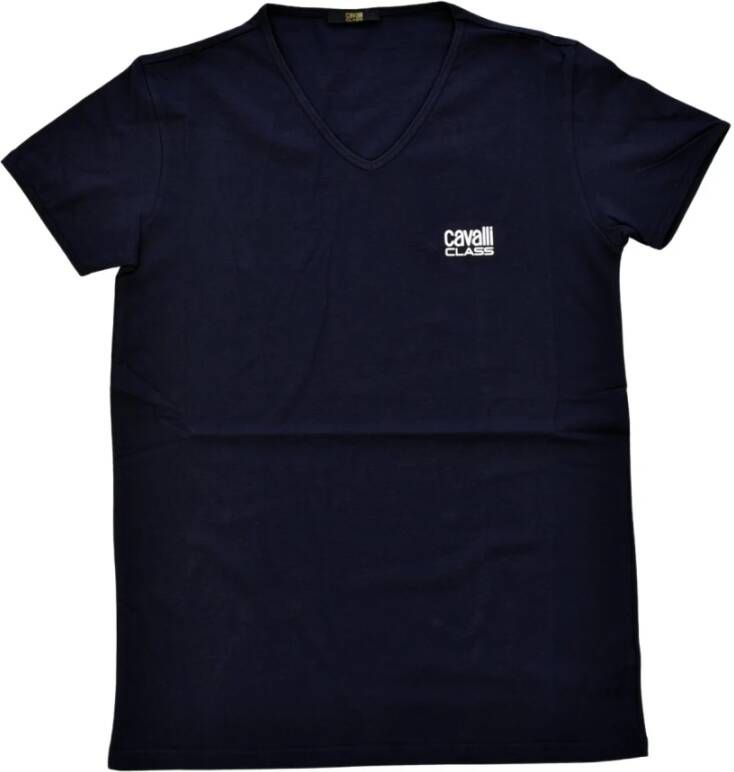 Cavalli Class Blauw V-Hals Katoenen T-Shirt met Bedrukt Logo Blue Heren