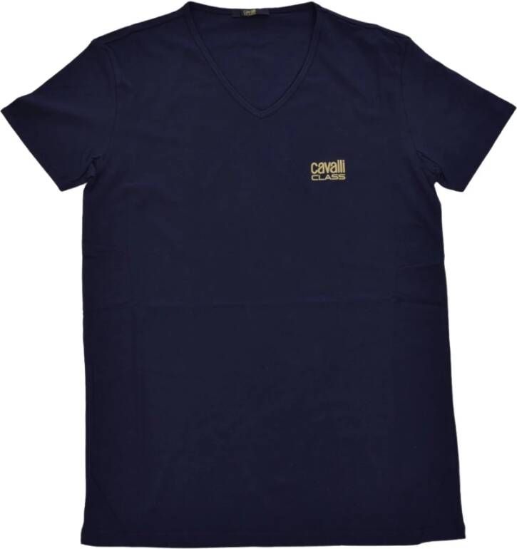 Cavalli Class Blauw V-Hals Katoenen T-Shirt met Bedrukt Logo Blue Heren