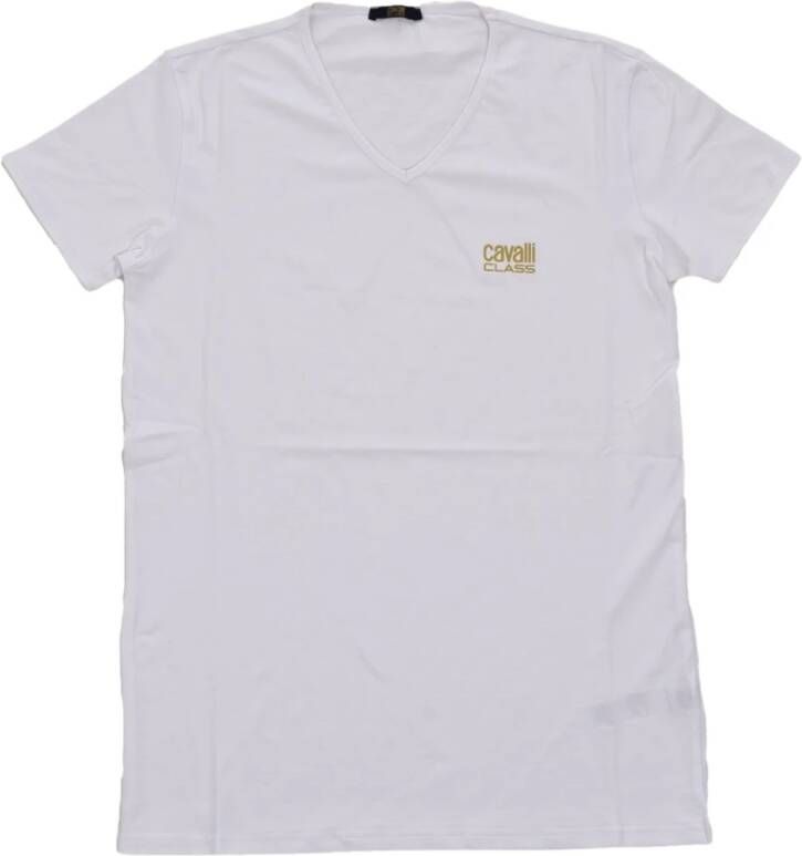 Cavalli Class Wit V-Hals Katoenen T-Shirt met Bedrukt Logo White Heren
