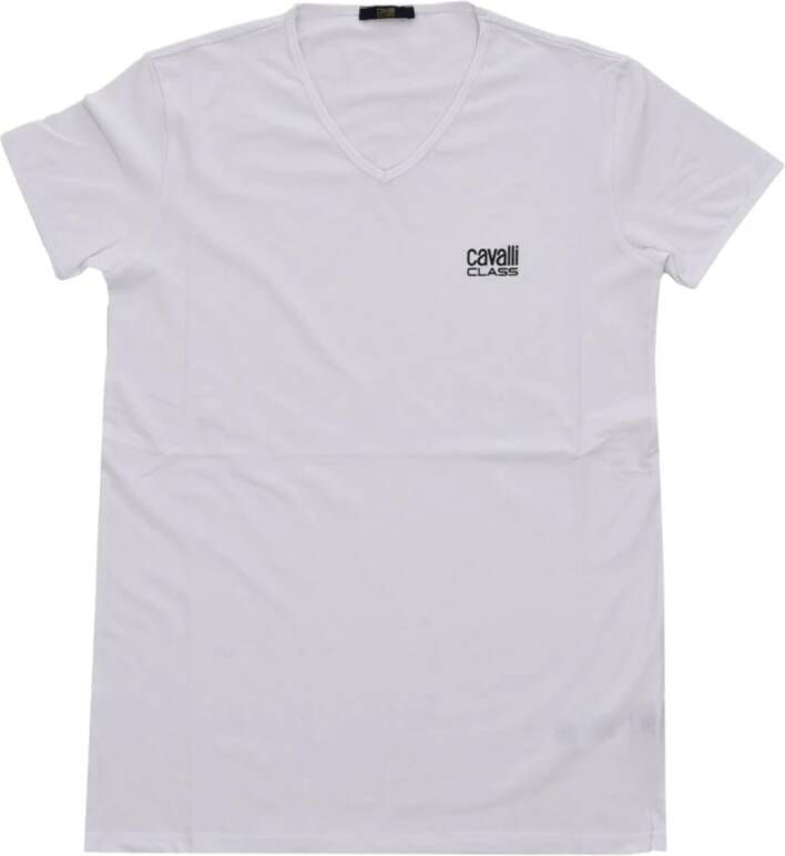Cavalli Class Witte V-hals T-shirt met bedrukt logo White Heren
