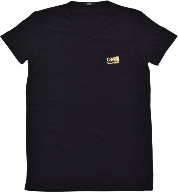 Cavalli Class Zwart V-Hals Katoenen T-Shirt met Bedrukt Logo Black Heren