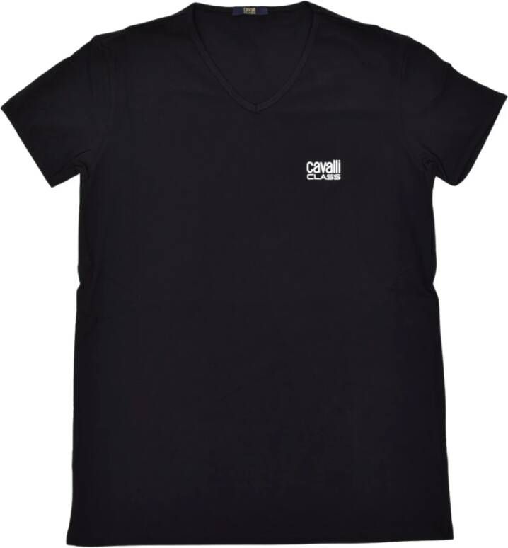 Cavalli Class Zwart V-Hals Katoenen T-Shirt met Bedrukt Logo Black Heren