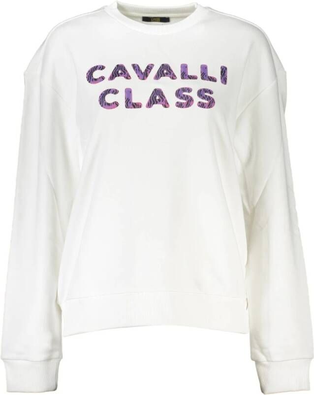 Cavalli Class Witte Katoenen Trui Lange Mouwen Ronde Hals Logo Print Wit Dames