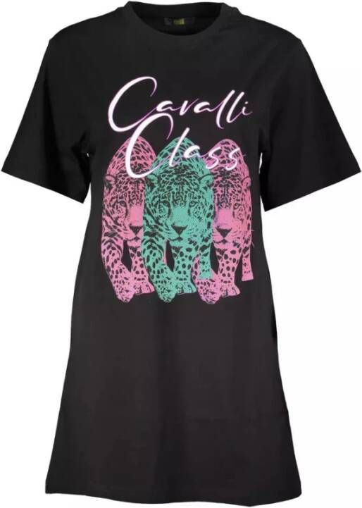 Cavalli Class Stijlvol Zwart Bedrukte Jurk met Korte Mouwen Black Dames