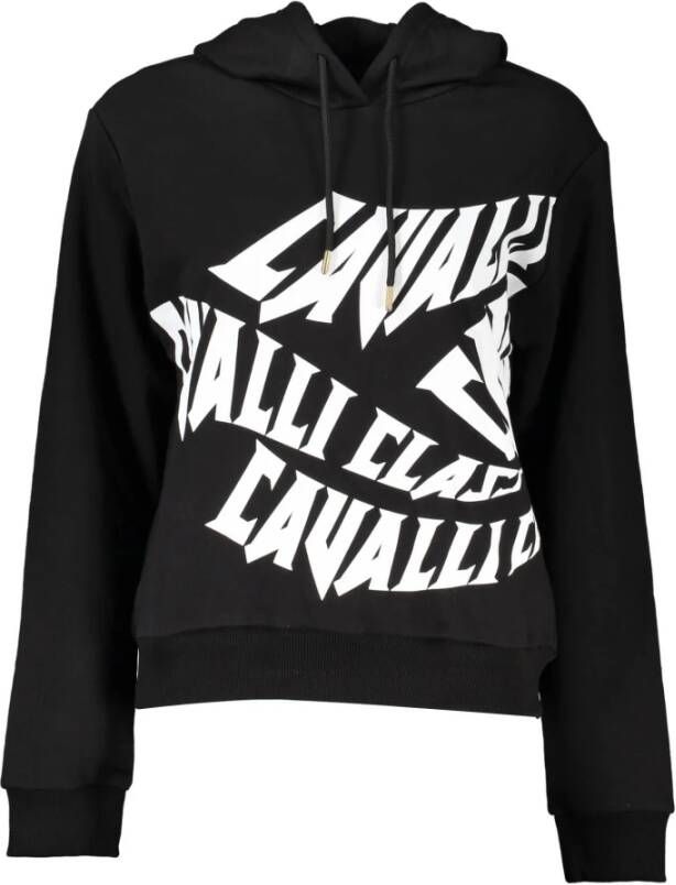 Cavalli Class Zwarte katoenen trui met capuchon en logoprint Black