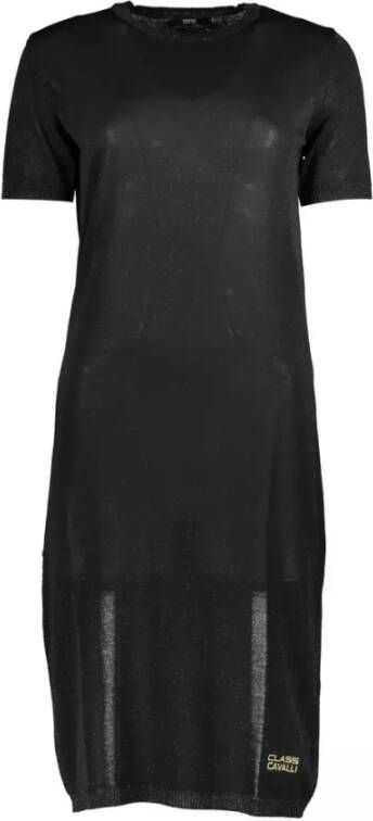 Cavalli Class Elegante Zwarte Geborduurde Jurk Korte Mouwen Black Dames