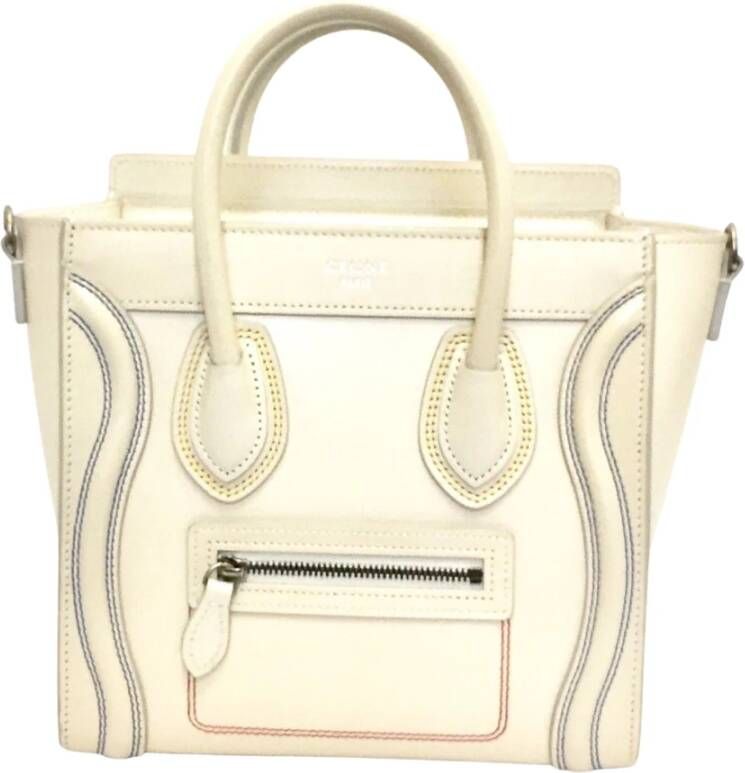 Celine Vintage Céline Nano Luggage bag in cream leather with red yellow blue stitch trim Wit Dames