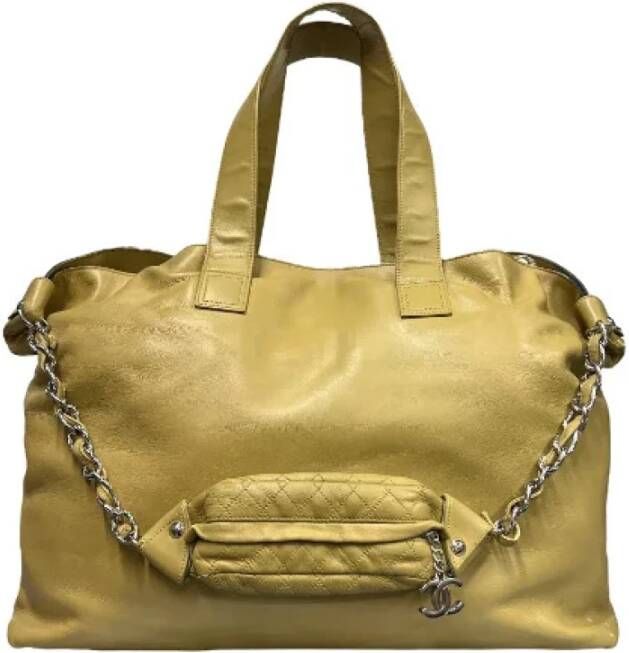 Chanel Vintage Beige Leren Shopper Tas met Groot Logo Tweedehands Beige Dames