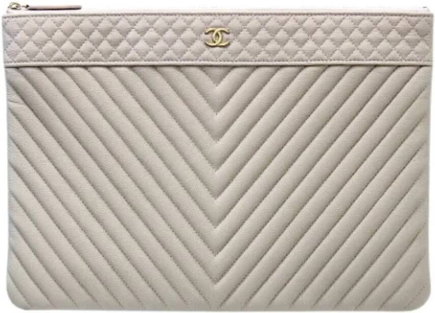 Chanel Vintage Bruine Leren Chanel Clutch Tweedehands Beige Dames