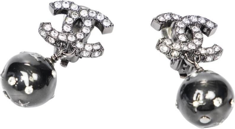 Chanel Vintage CC Crystal Black Ball Dangle Clip-On Earrings Zwart Dames