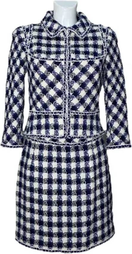 Chanel Vintage Chanel Blauw Geruit Tweed Pak Zwart Dames