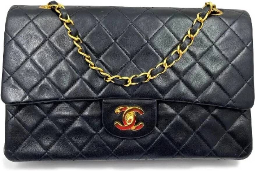 Chanel Vintage Classic Timeless Double Flap Schoudertas Blauw Dames