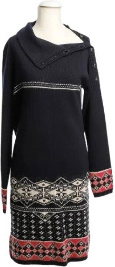 Chanel Vintage Donkerblauwe Gebreide Jurk met Beige en Rode Prints Blauw Dames