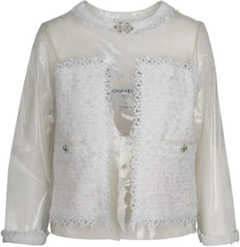 Chanel Vintage Doorschijnende Chanel-jas met geperforeerd plastic en wit paillettenkant Wit Dames